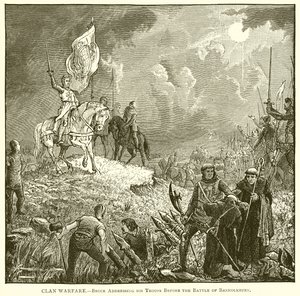 Guerra de clanes.--Bruce dirigiéndose a sus tropas antes de la batalla de Bannockburn de English School