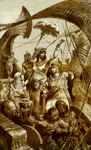 Cleopatra en la Batalla de Actium, ilustración de The Illustrated History of the World, publicado c.1880 de English School