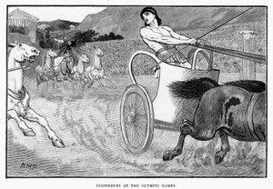 Clístenes en los Juegos Olímpicos, ilustración de la Historia Universal Ilustrada de Cassell por Edward Ollier, 1890