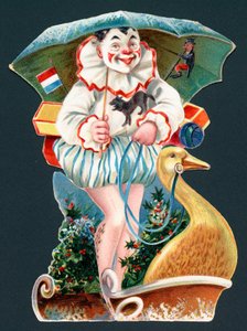 Payaso sosteniendo un paraguas en un trineo de ganso, tarjeta de Navidad de English School