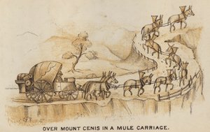 Autocares y entrenadores: sobre el Monte Cenis en un carruaje de mulas (litografía)