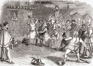 Lanzamiento de gallos, también conocido como cock-shying o lanzamiento a los gallos, de la Vieja Inglaterra: A Pictorial Museum, pub. 1847