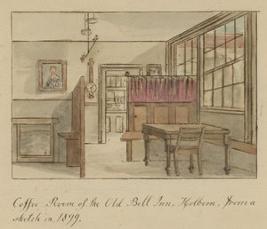Sala de café de la Antigua Posada Bell, Holborn, Londres, de un boceto en 1899