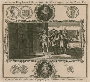 Monedas en el reinado del Rey James I, con el descubrimiento de la Conspiración de la Pólvora de English School
