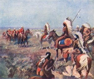 Coronel Macleod, de la Real Policía Montada del Noroeste, tratando con indios en Fort Macleod (litografía en color) de English School