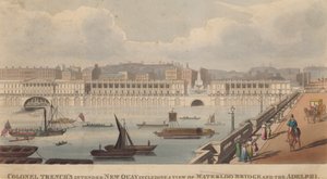 El nuevo muelle propuesto por el Coronel Trench incluyendo una vista del Puente de Waterloo y el Adelphi de English School