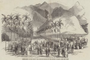 Inicio de las obras del Ferrocarril de Petropolis por el Emperador de Brasil (grabado)