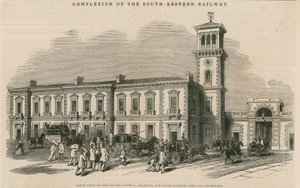 Finalización del Ferrocarril del Sureste: Gran estación conjunta de la Compañía de Ferrocarriles de Croydon, Brighton y Dover, Southwark, Londres de English School