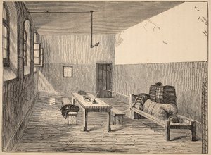 Celda de condenados, Newgate, ilustración de Las prisiones criminales de Londres y escenas de la vida en prisión de Henry Mayhew y John Binny, pub. 1862