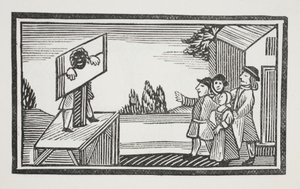 Condenado a estar una hora o más en la picota, ilustración de Chap-books del siglo XVIII de John Ashton, pub. 1882 de English School