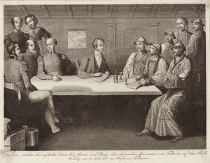 Conferencia en Chusan entre el comodoro Bremer y un oficial chino en el HMS Wellesley 4 de julio de 1841 de English School