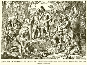 Conflicto de romanos y alemanes.--Germanicus enterrando los huesos de los legionarios de Varo de English School