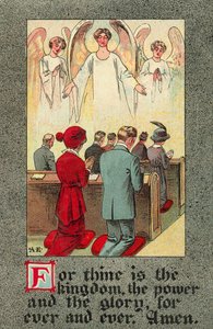Congregación recitando el Padrenuestro (litografía en color) de English School