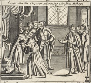 Constantino el emperador abrazando a los obispos cristianos, ilustración de Hechos y Monumentos de John Foxe, novena edición, pub. 1684