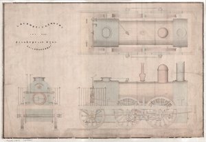 Dibujo de construcción, locomotora 0-4-2 y tender por R. y W. Hawthorn y Co. para la Stanhope and Tyne Railway Co