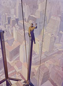 Trabajador de la construcción en el armazón de acero de un rascacielos sobre las calles de la ciudad de Nueva York, Nueva York, EE.UU. de English School