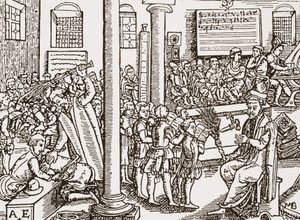 Grabado contemporáneo de una escuela de gramática Tudor de English School