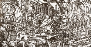 Grabado contemporáneo de un barco de guerra en el mar de English School