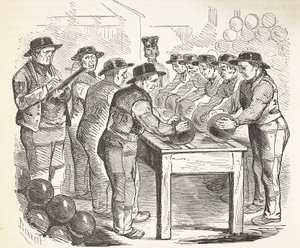 Convictos raspando balas, ilustración de Las prisiones criminales de Londres y escenas de la vida en prisión de Henry Mayhew y John Binny, pub. 1862