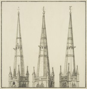 Copia del dibujo del campanario de St Nicholas, mostrando la remoción del gallo de viento de English School