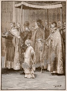 Coronación de Ricardo en la Abadía de Westminster: la procesión por el pasillo, ilustración de Cassells Illustrated History of England