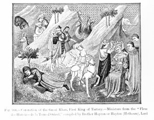 Coronación del Gran Khan (Kublai Khan) (1214-94) Primer Rey de Tartaria, de la Fleur des Histoires de la Terre d