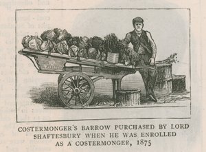 Carretilla de costermonger comprada por Lord Shaftesbury cuando fue inscrito como costermonger, 1875
