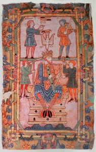 Cott Tib C VI f.30v David tocando su arpa, del Tiberius Psalter, Winchester, c.1050 (vitela)