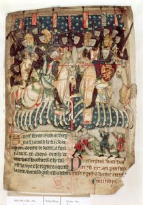 Cott Vitt A XIII f.3v Guillermo matando a Harold en la batalla de Hastings, de los "Decretos de los reyes de la Inglaterra anglosajona y normanda" (vitela) de English School