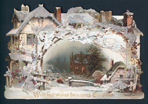 Escena de cabaña en la nieve, tarjeta de Navidad