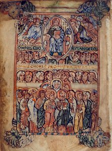 Cotton Galba A. XVIII, f.2v Cristo en Majestad rodeado de implementos de la Pasión, y coros de ángeles y profetas, ilustración del 
