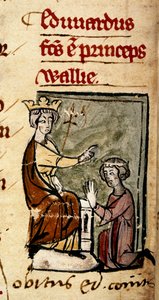 Cotton Nero D. II, f.191v Eduardo de Caernarvon (Eduardo II) creó Príncipe de Gales y Conde de Chester por su padre, el rey Eduardo I, en el parlamento de Lincoln, el 7 de febrero de 1301, de la 