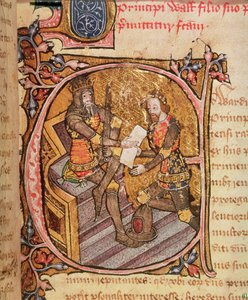 Cotton Nero D VI fol.31 Eduardo III otorgando al Príncipe Negro el principado de Aquitania de English School