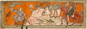 Cotton Tiberius B. V, Parte 1, f.7v Cazando con el halcón, Ilustración para octubre de un 