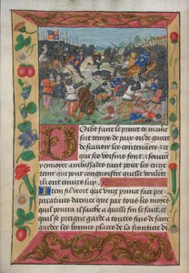 Cotton Vespasian A xvii, f.13v, El rey de Inglaterra montado en un caballo blanco, persiguiendo al rey de Francia que huía, del Manual de guerra para la instrucción de un príncipe de Robert de Balsac, c.1490s (vitela)