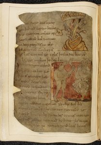 Cotton Vitellius A. XV f.103v, Un árbol del que crece el bálsamo; un donestre, un hombre con cabeza de bestia, a la izquierda sosteniendo una pierna y un pie humanos, y una persona a la derecha, ilustración de Beowulf, del 