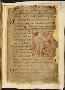 Cotton Vitellius A. XV f.104r, A panotii, es decir, un hombre con orejas que se proyectan sobre tallos, sosteniendo un objeto que parece un arco, ilustración de Beowulf, del 