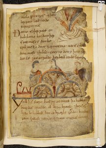 Cotton Vitellius A. XV f.105, una vid dorada; tres personas hablando, representando a una nación bondadosa que gobierna el Mar Rojo, donde se encuentran las mejores perlas, ilustración de Beowulf, del 