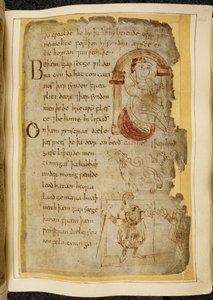 Cotton Vitellius A. XV f.106r, Un hombre sentado en un cojín bajo un arco; dos catini, bestias con la boca abierta como perros; un hombre vestido con un bastón, extendiendo su mano a otro hombre, ilustración de Beowulf, del 
