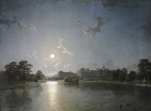 Casa de campo al otro lado de un lago a la luz de la luna, c.1850 de English School