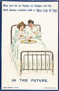 Pareja bebiendo té en la cama, tarjeta de English School