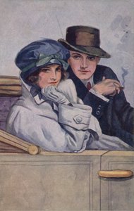 Pareja sentada en un coche (litografía en color)