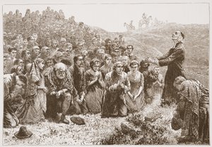 Covenanters adorando junto a las orillas del Whitadder, ilustración de La Historia del Protestantismo de James Aitken Wylie, pub. 1878 de English School