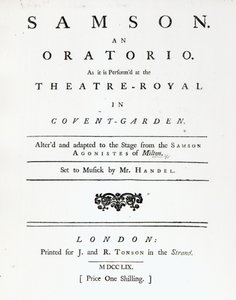 Portada de la partitura de Samson, un oratorio de Handel, publicada en 1759 de English School
