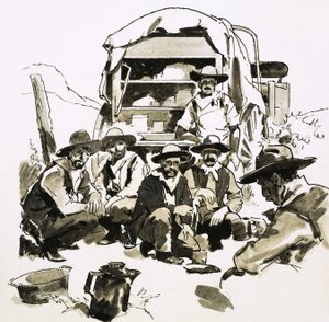 Vaqueros reunidos alrededor de un carro de cocina de English School