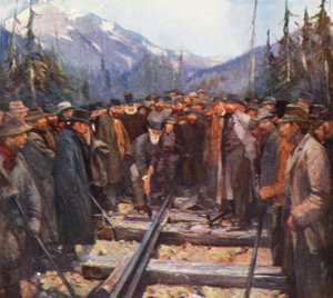 Craigellachie, clavando la última estaca del Canadian Pacific Railway (litografía en color)