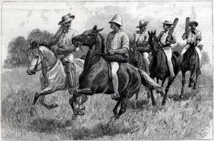 Críquet en Australia, un equipo yendo al campo para jugar un partido. Ilustración para The Graphic de English School