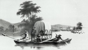 Cruce del Platte en la Boca del Deer Creek, de la Exploración y Encuesta del Valle del Gran Lago Salado de Utah por Howard Stansbury, publicado en 1852 de English School