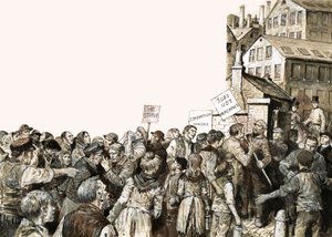 Multitud haciendo piquete en una fábrica con pancartas