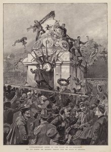 Multitudes arrancando emblemas de luto de la estatua de Estrasburgo en la Place de la Concorde, París de English School